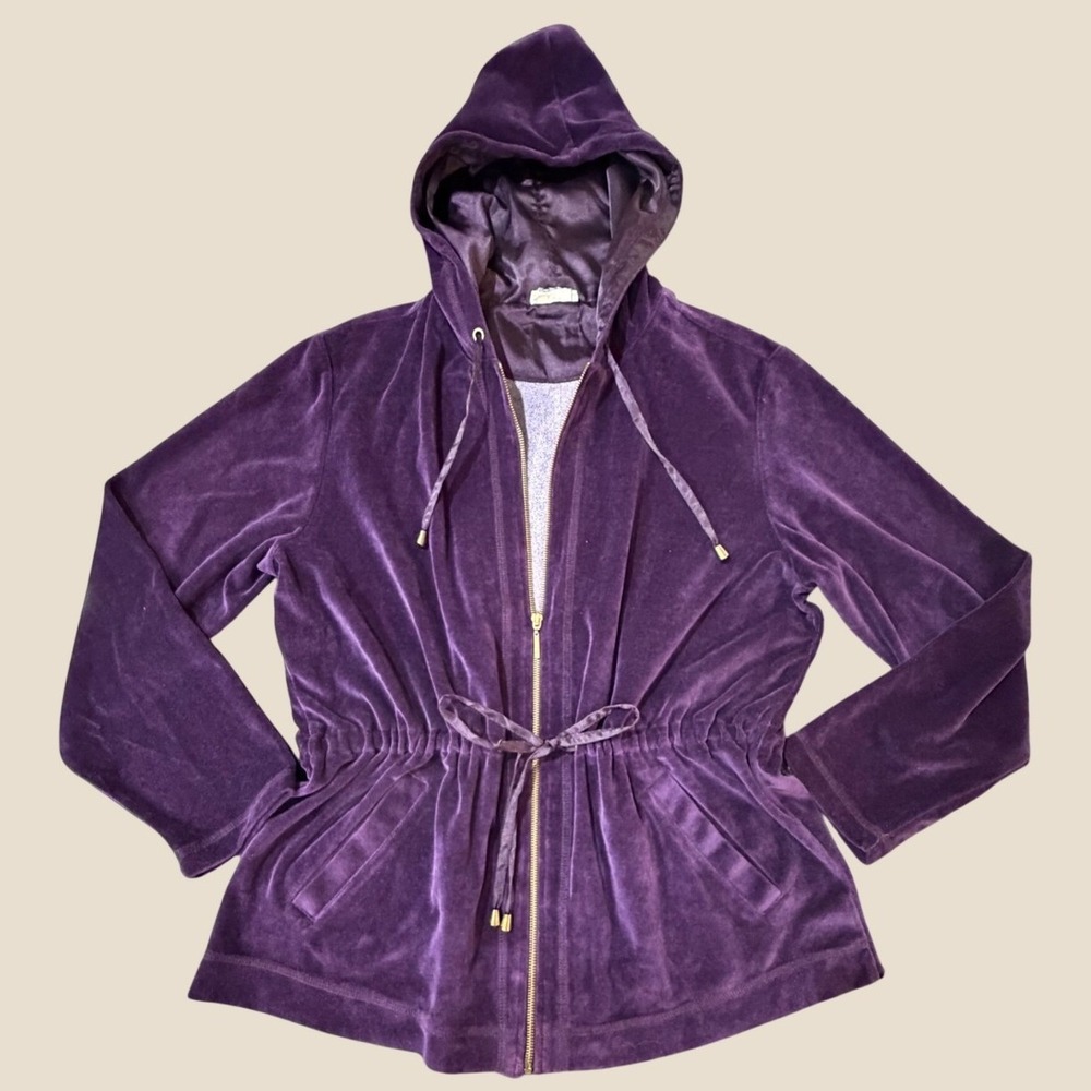 White Stag Purple Velour Zip Up Hoodie Drawstring Waist Women Large L